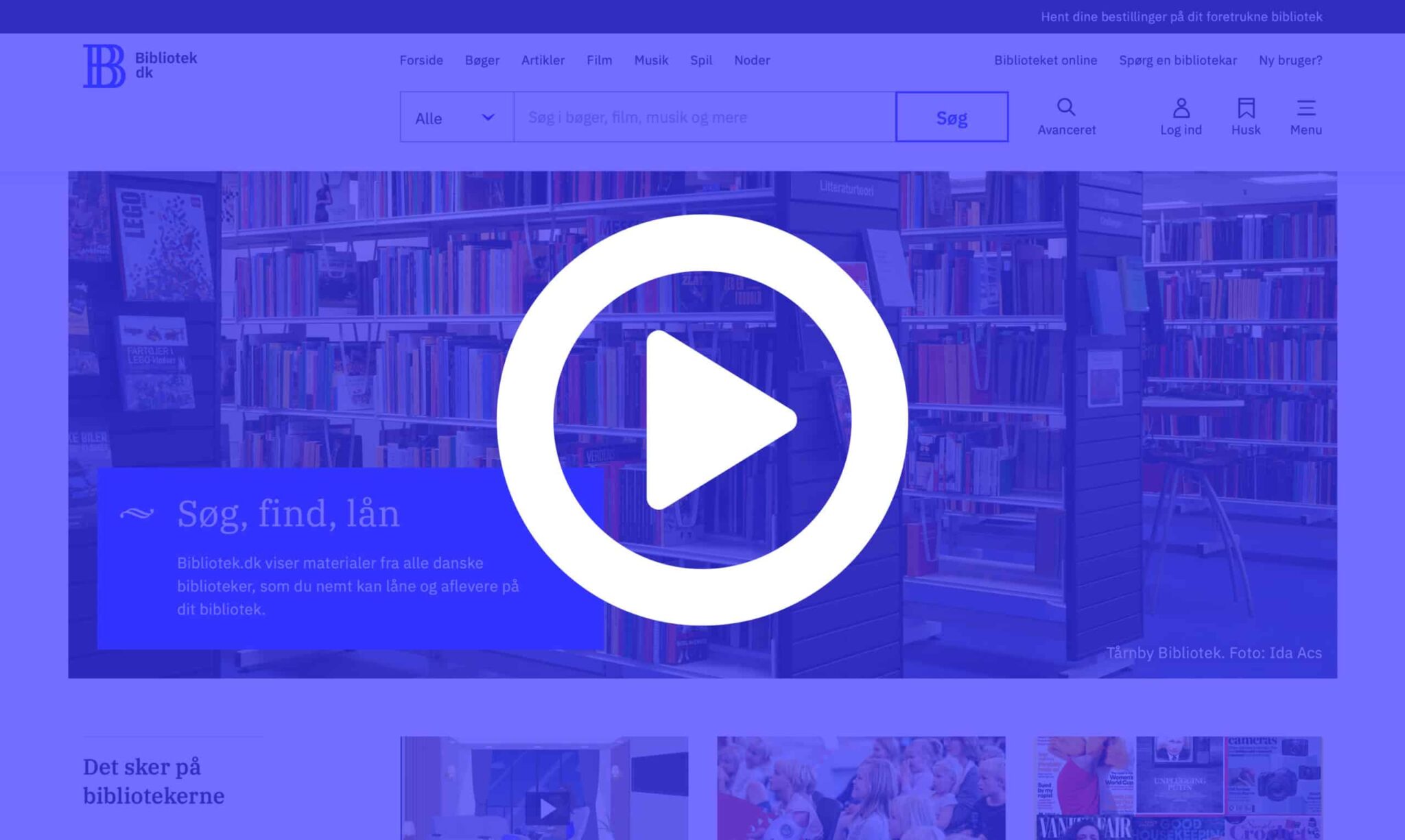 Playsymbol på foto af Bibliotek.dk browservindue